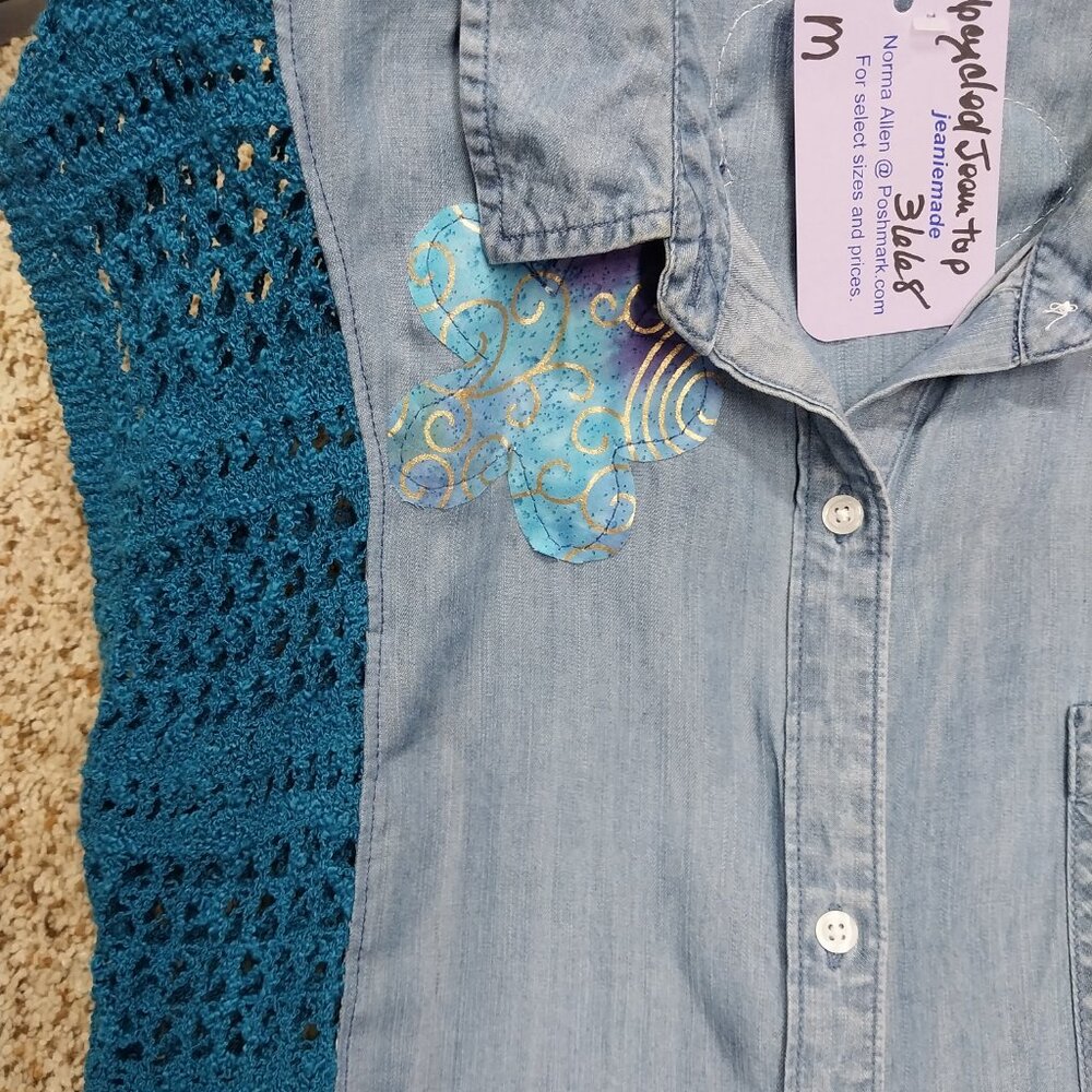 3668 Size Medium Time & True Upcycled Crochet Trim Jean Top. - Picture 3 of 8